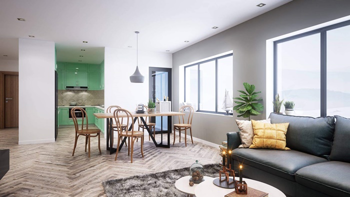 thiết kế nhà bếp thông với phòng khách