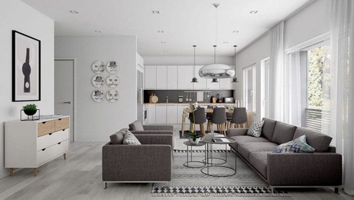 thiết kế nhà bếp thông với phòng khách