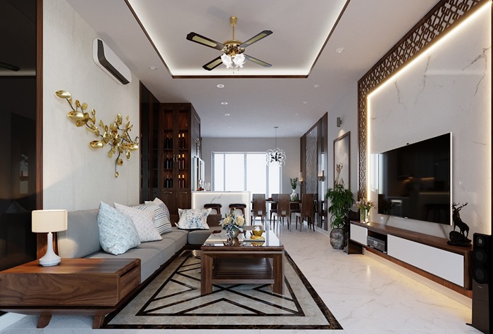 thiết kế nhà bếp thông với phòng khách